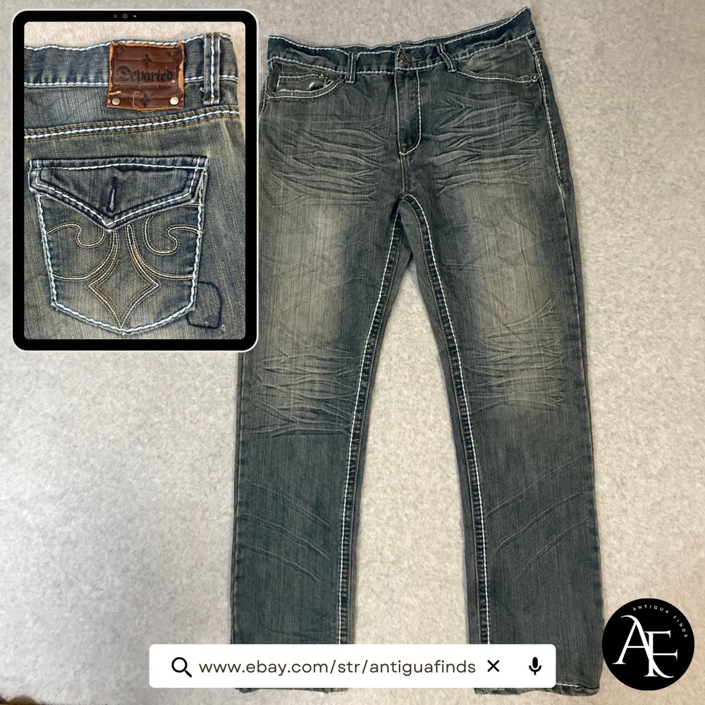 Departed Bolsa Ave Mens Slim Straight Jeans 34x32 Thick Stitch Medium Wash Denim